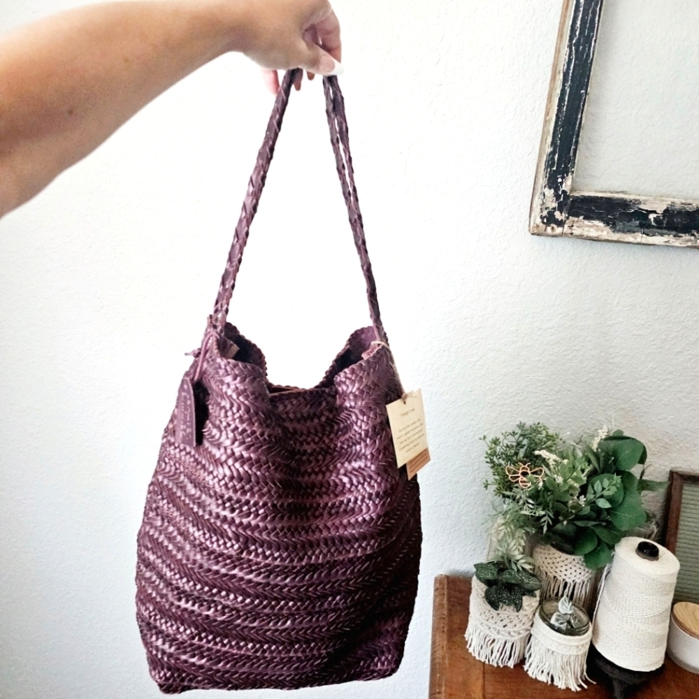 Handcrafted In India Braided Woven Leather Tote Bag Shoulder Purse Purple NWT - Picture 14 of 14